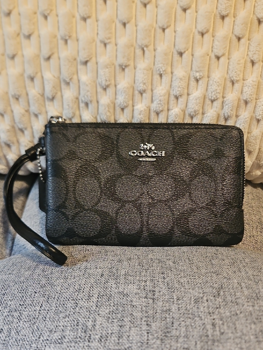 COACH Double Zipper Black Signature Wristlet Clutch with Silver Logo